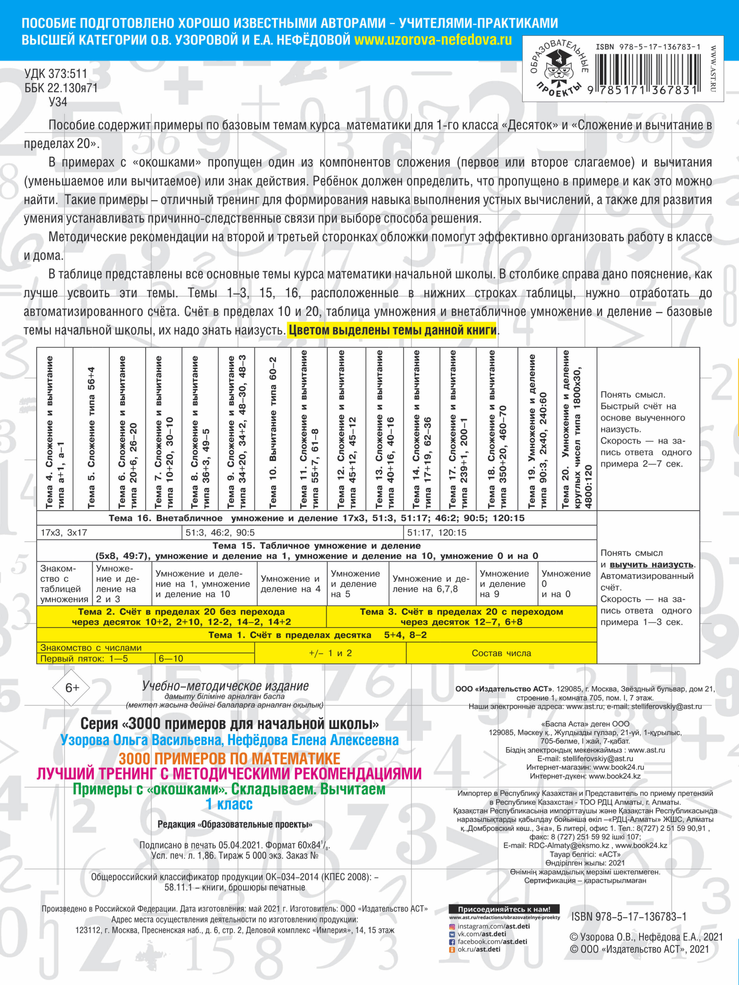 3000 примеров по математике. Лучший тренинг. Складываем. Вычитаем. Примеры  с окошками. С методическими рекомендациями. 1 класс (Узорова Ольга  Васильевна, Нефедова Елена Алексеевна). ISBN: 978-5-17-136783-1 ➠ купите  эту книгу с доставкой в интернет ...