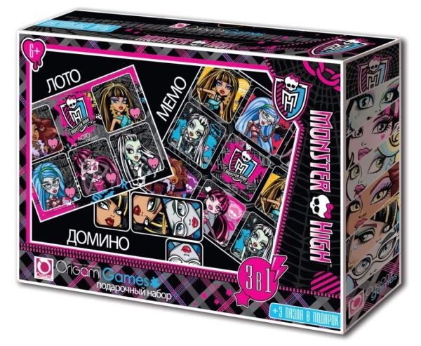 Monster High.Подарочный наб.3в1.Лото.Мемо.Домино+3мини-пазла.коробка с ручкой. 00225