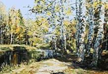 Живопись на холсте.Размер 40*50 см. Березы у пруда (128-AB)