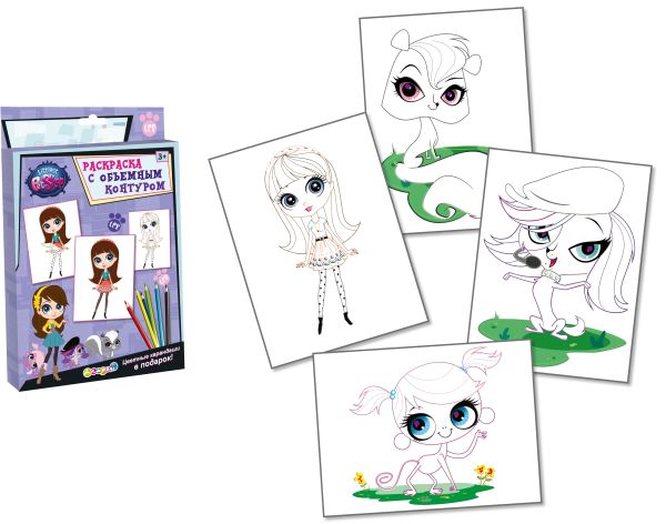 Раскраска (с объемным контуром). 4 листа, цветные карандаши (в подарок)., Littlest Pet Shop Раскраска (с объемным контуром). 4 листа, цветные карандаши (в подарок)., Littlest Pet Shop