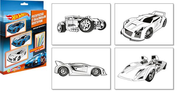 Раскраска (с объемным контуром). 4 листа, цветные карандаши (в подарок)., Hot Wheels Раскраска (с объемным контуром). 4 листа, цветные карандаши (в подарок)., Hot Wheels