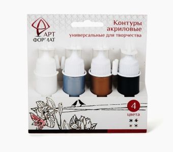 Контуры акриловые универсальные для декора, набор 4 цвета (белый, черный, серебряный, золотой) Контуры акриловые универсальные для декора, набор 4 цвета (белый, черный, серебряный, золотой)