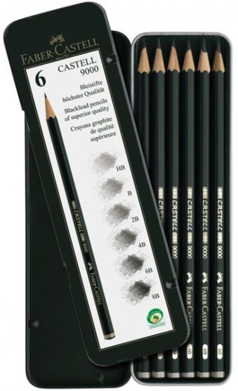 Чернографитовые карандаши CASTELL® 9000, твердость 2B, 4B, B, HB, 6В, 8В, в металлической коробке, 6 шт. Чернографитовые карандаши CASTELL® 9000, твердость 2B, 4B, B, HB, 6В, 8В, в металлической коробке, 6 шт.