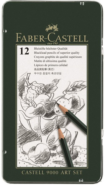Чернографитовые карандаши CASTELL® 9000, твердость 8B, 7B, 6B, 5B, 4B, 3B, 2B, B, HB, F, H, 2H, в металлической коробке, 12 шт. Чернографитовые карандаши CASTELL® 9000, твердость 8B, 7B, 6B, 5B, 4B, 3B, 2B, B, HB, F, H, 2H, в металлической коробке, 12 шт.