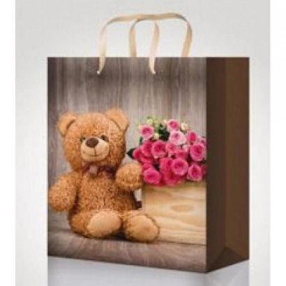 Пакет подарочный с глянцевой ламинацией 18х23х10 см (M) Мишка с цветами, 157 г ПП-9065 - фото 1