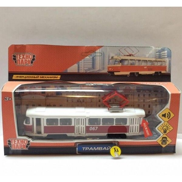 

Машина металл Трамвай 18см, инерц. свет+звук, открыв. двери в русс. кор. Технопарк в кор.2*24шт