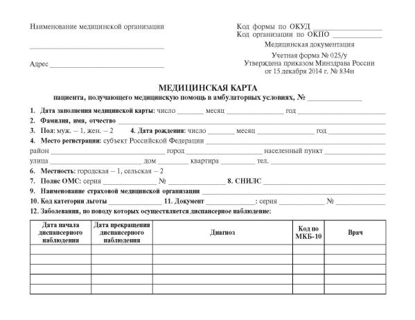 

Медицинская карта пациента, получающего медицинскую помощь в амбулаторных условиях (форма №025/у)